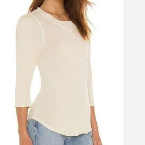 Free People Oatmeal Clover Puff Shoulder Cotton Crewneck Top Tshirt Ivory XS